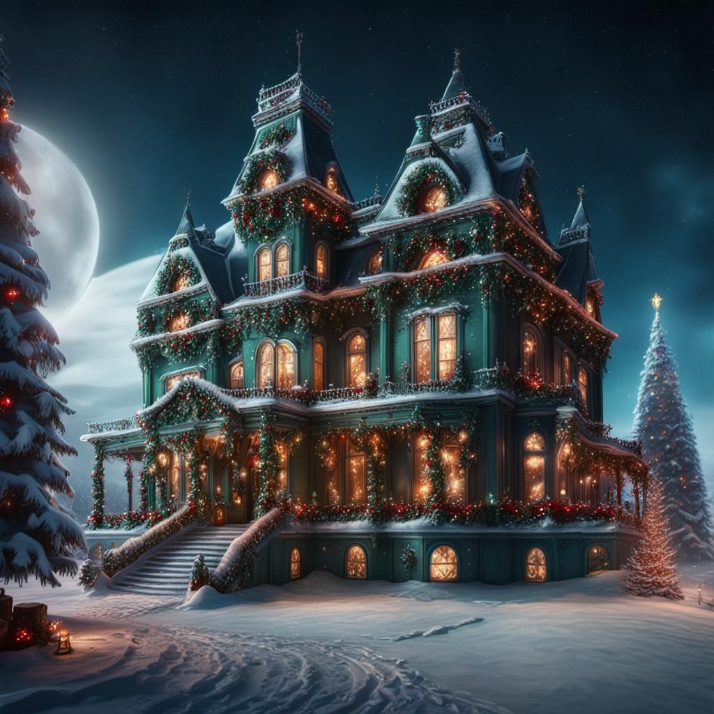 Victorian Mansion Decorated for Christmas: Matte Painting