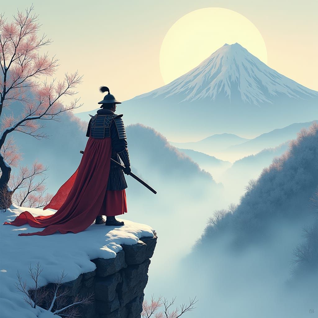 Samurai Observes Winter Landscape in Hokusai Style