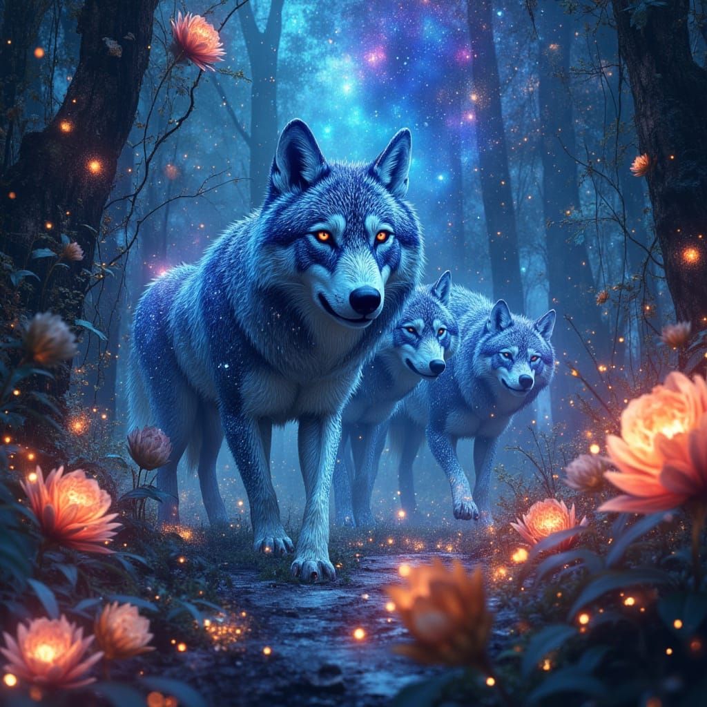 Bioluminescent Wolves in Alien Jungle