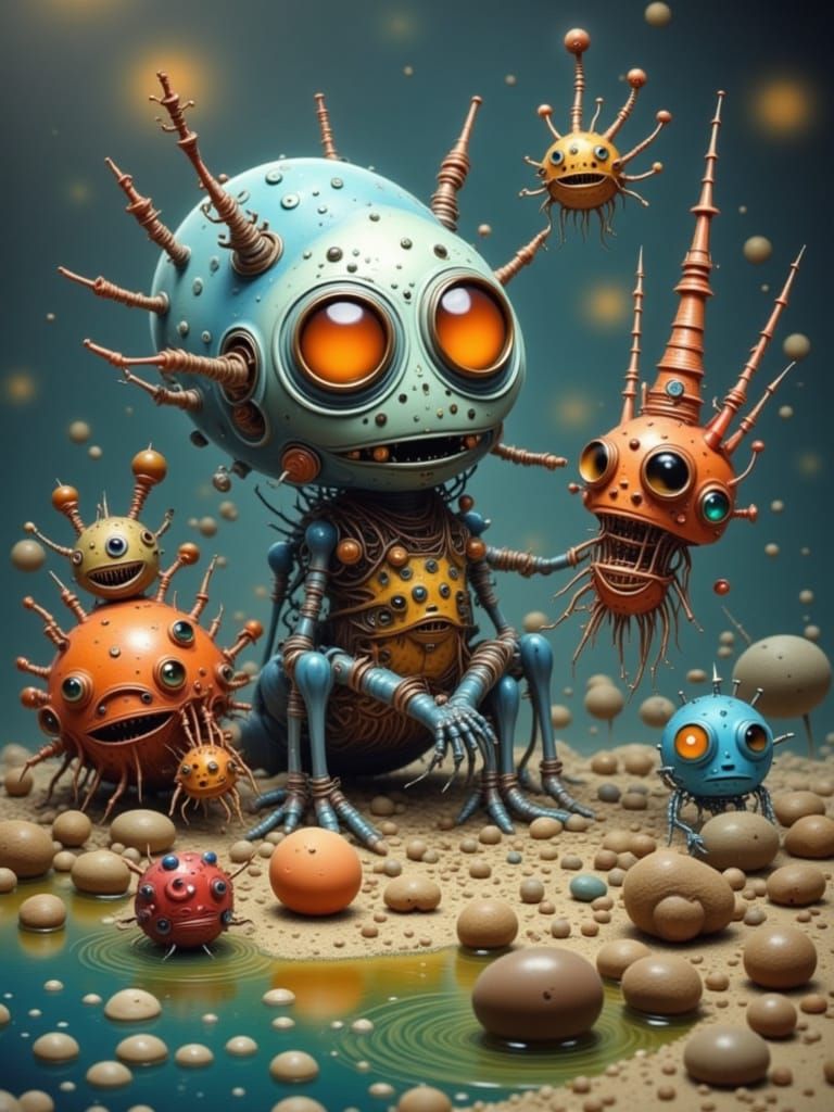 Axolotl Bats and Krill Droids in Surreal Underwater Scene