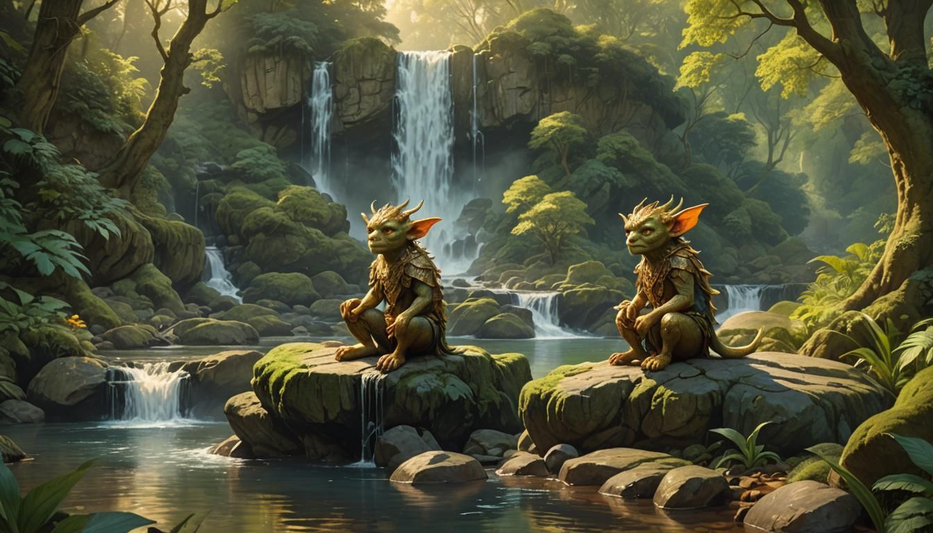 Surreal English Forest Scene with Faeries and Waterfall