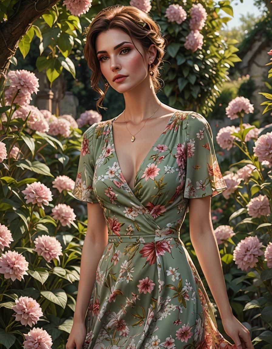 Beautiful Liliana in Floral Dress, Hyperdetailed Digital Art