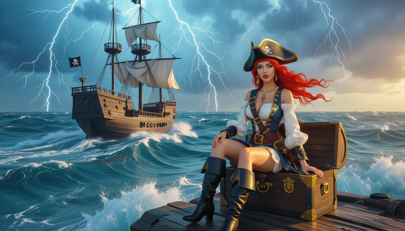 Stormy Seas Pirate Ship and Woman Pirate on Chest