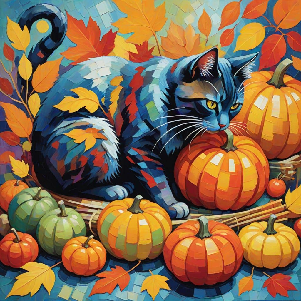 Fauvist Cat Working on Autumn Harvest