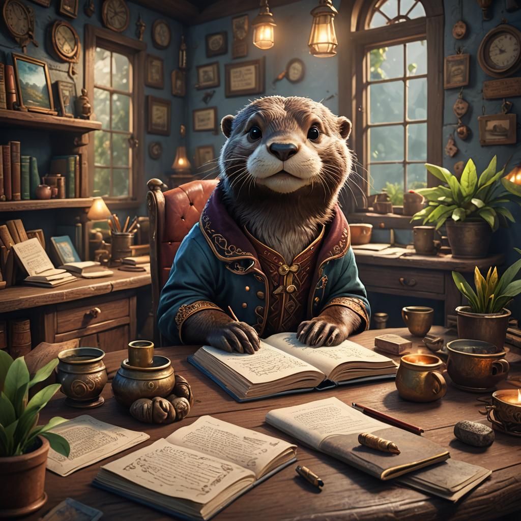 Cute Otter Writing Stories in Hygge Home