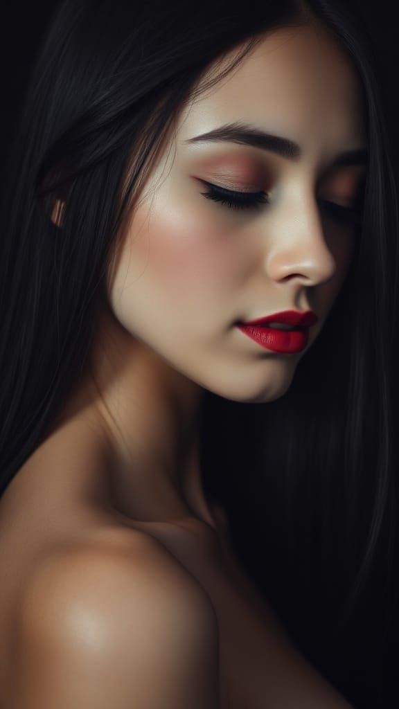 Introspective Portrait of Woman with Dark Hair in Soft Light