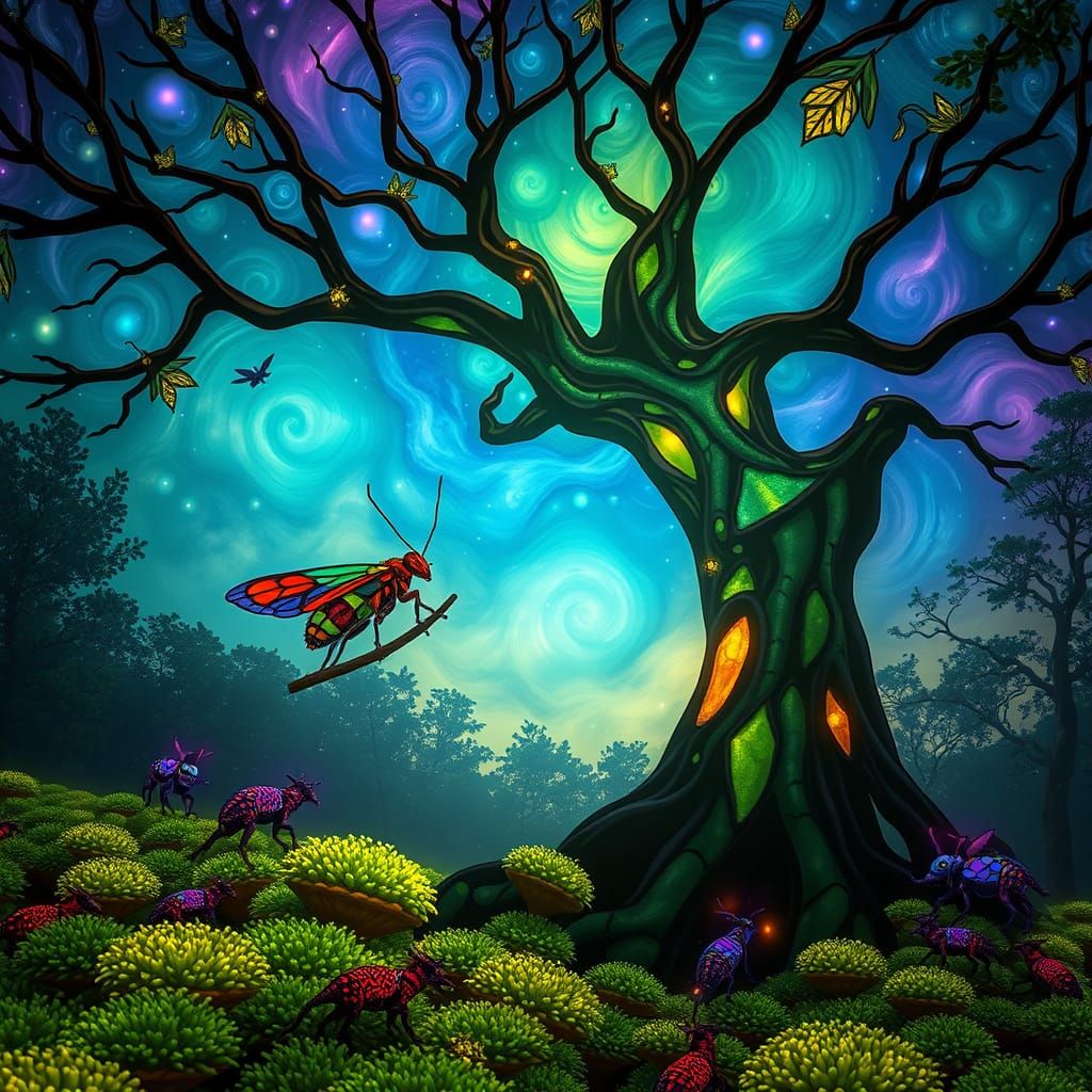 Surreal Insect Marvels in Stained Glass Forest with Swirling...