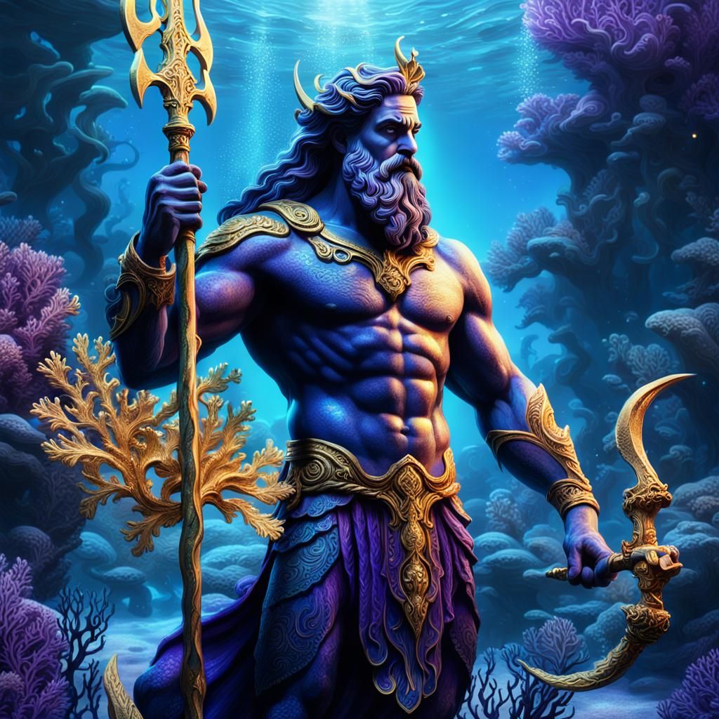 Poseidon in Underwater Scene: Fantasy Art
