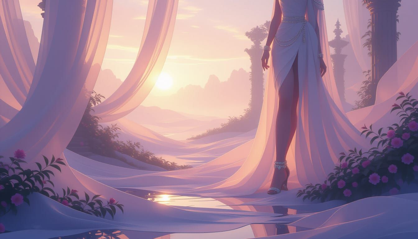 Ethereal Fantasy Landscape with Flowing Silks and Jewels