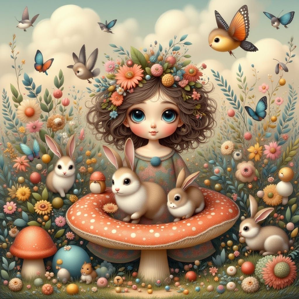 Cute Girl with Orange Dress and Brown Rabbit on Mushroom