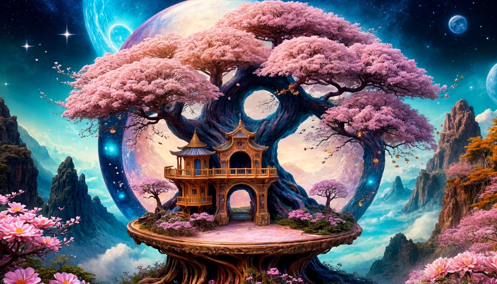 Cosmic Bonsai Treehouse in Sfumato Style