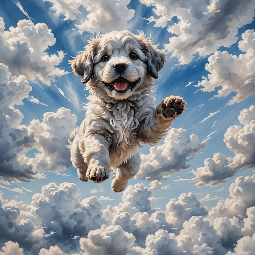 Cloud Puppy Floats in Dreamy Watercolor Sky