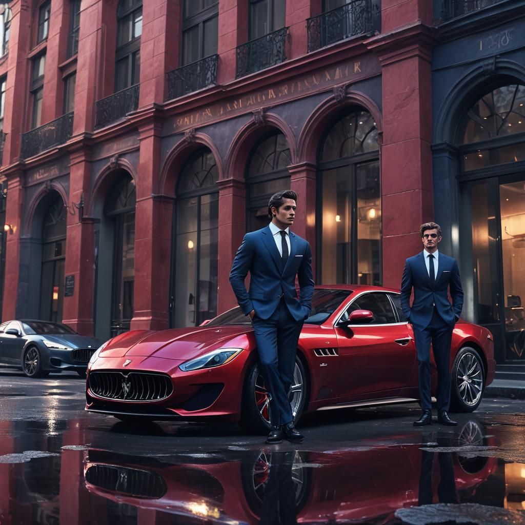 Man in Armani Suit Leaning on Red Maserati