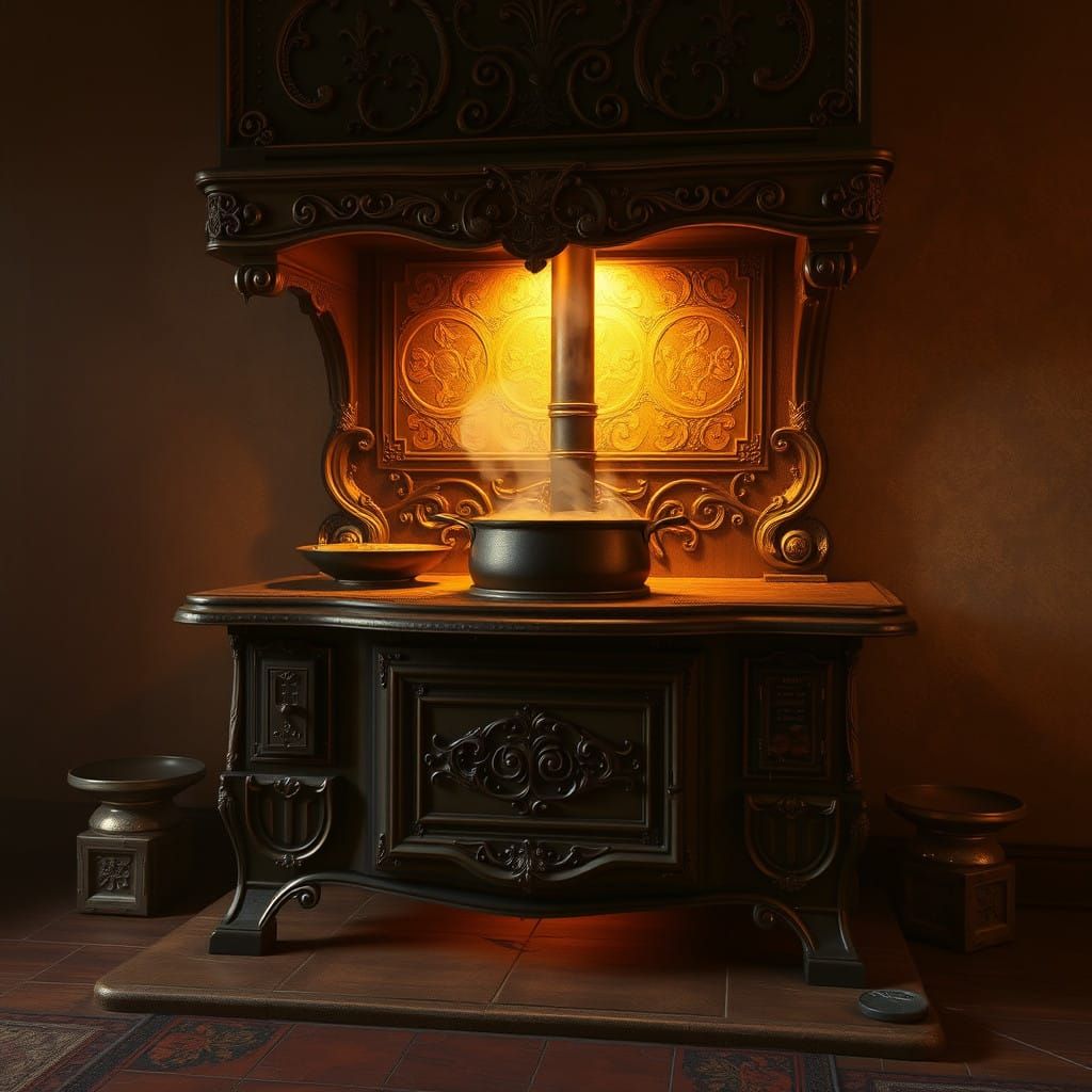 Warmth of a Vintage Wood Stove in a Golden Glow