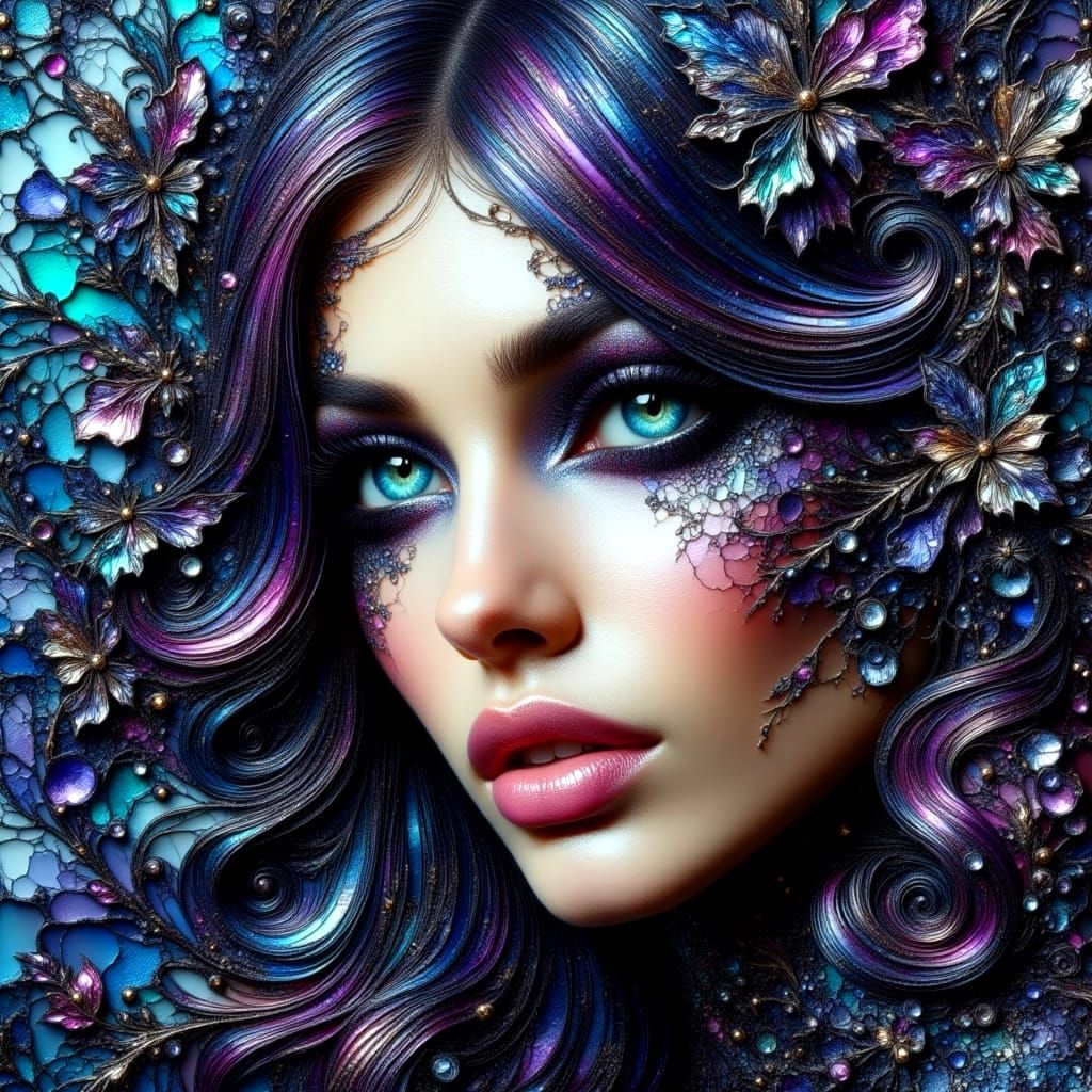 Dark Haired Woman in Crinkled Bas-Relief with Turquoise Eyes