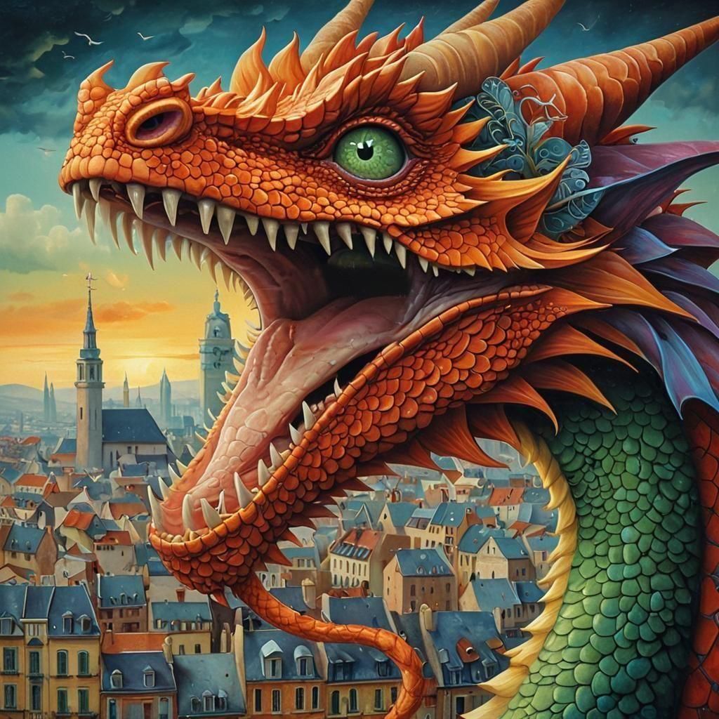 Whimsical Dragon Head with Surreal Cityscape