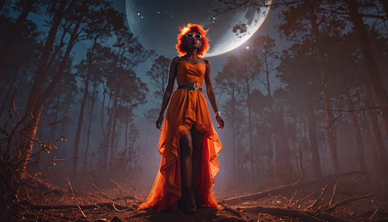 Retro Dark Fantasy Film Still of Woman in Forest