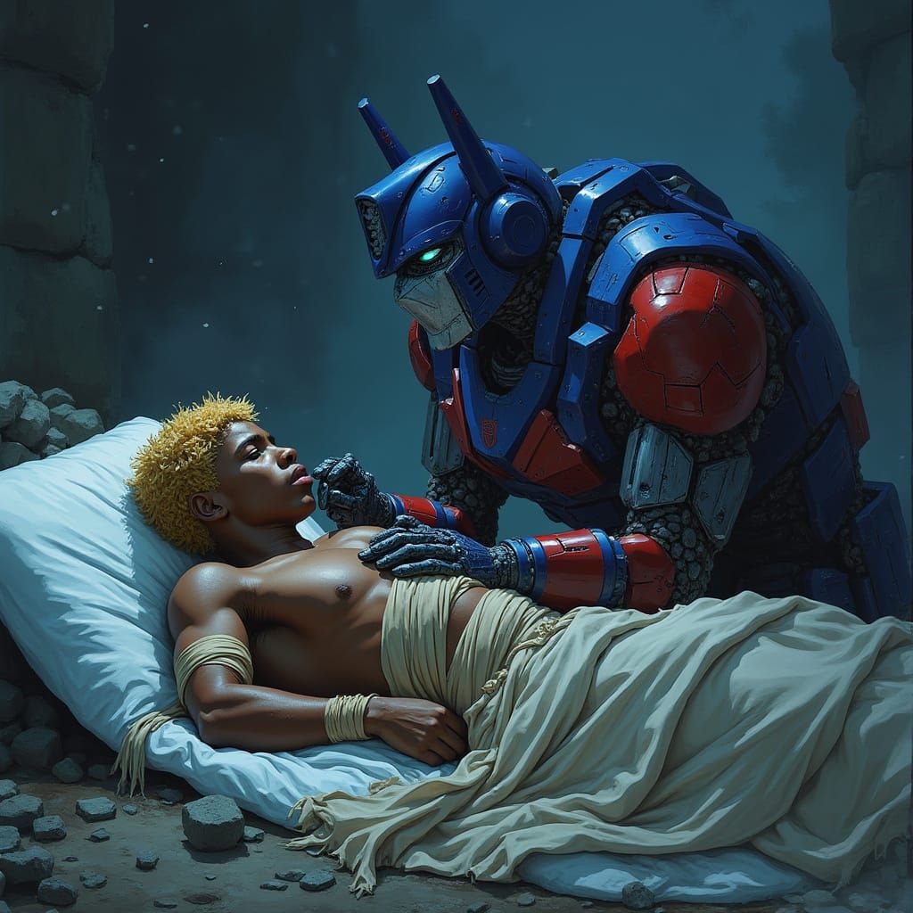 Optimus Prime Caring for Injured Boy, in Mead Style