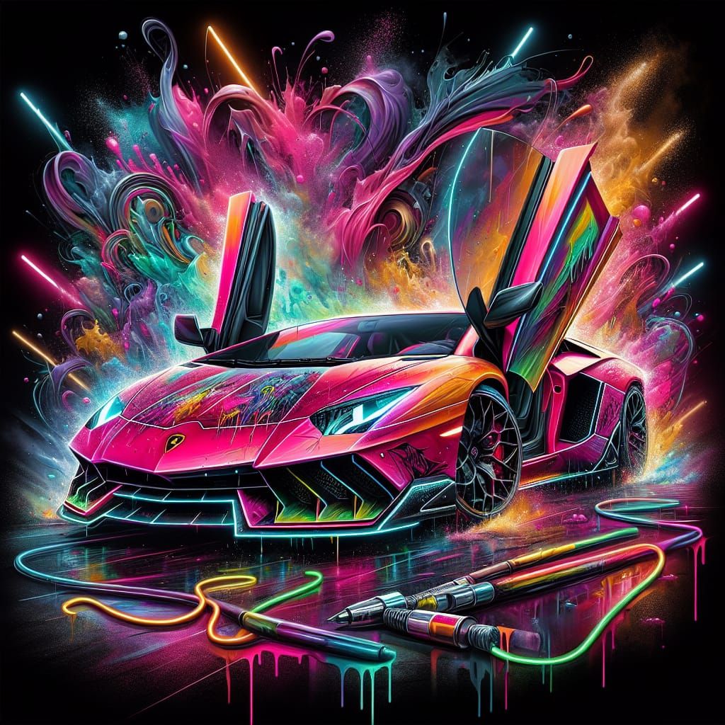 Neon Lamborghini in Abstract Graffiti Digital Oil Painting