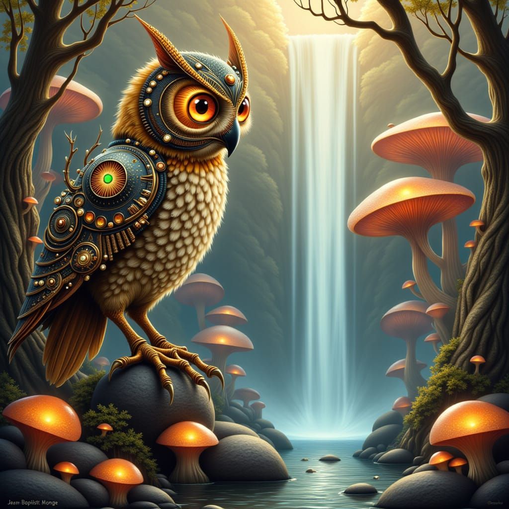 Steampunk Owl & Crystal Forest Waterfall