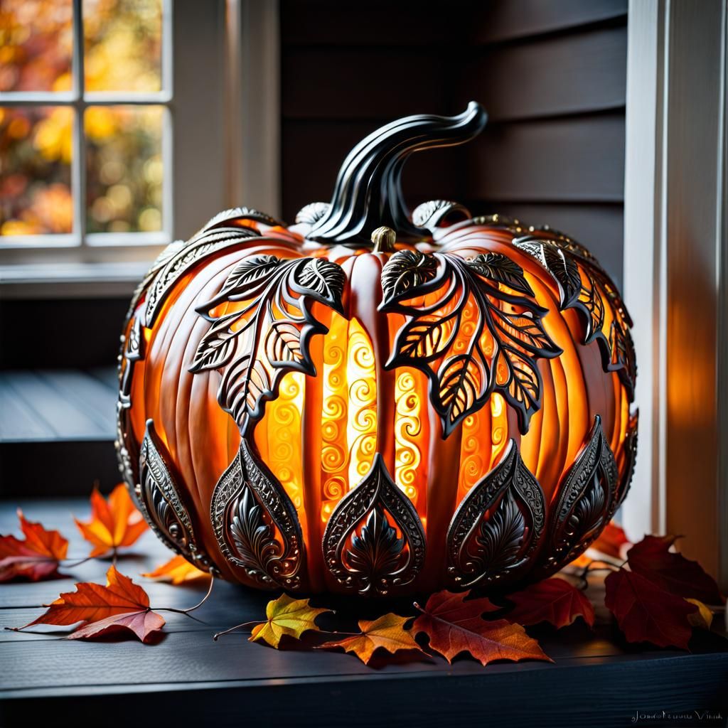 Ornate Glass Pumpkin on Autumn Porch