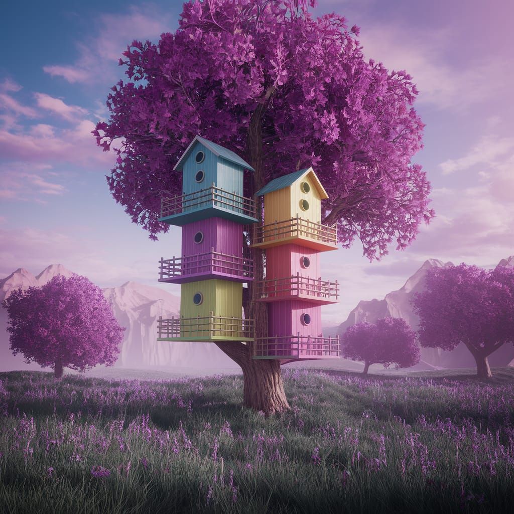Colorful Multilevel Birdhouse Hanging from Tree, Digital Art