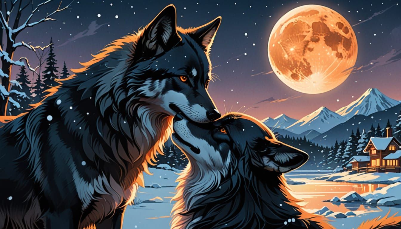 Cartoon Style Black Wolf and Red Wolf Couple
