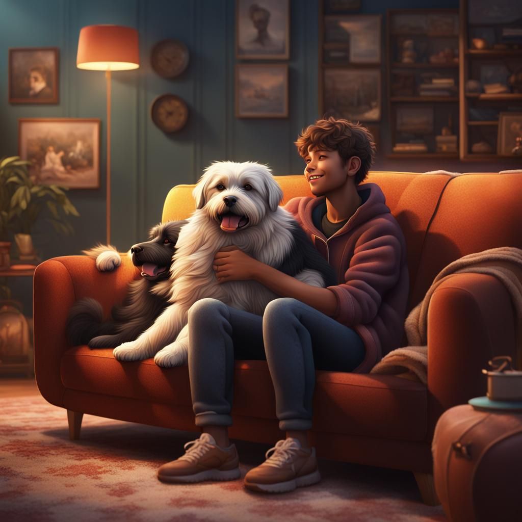 Teenager Cuddles Fluffy Dog: Serene Fantasy Art