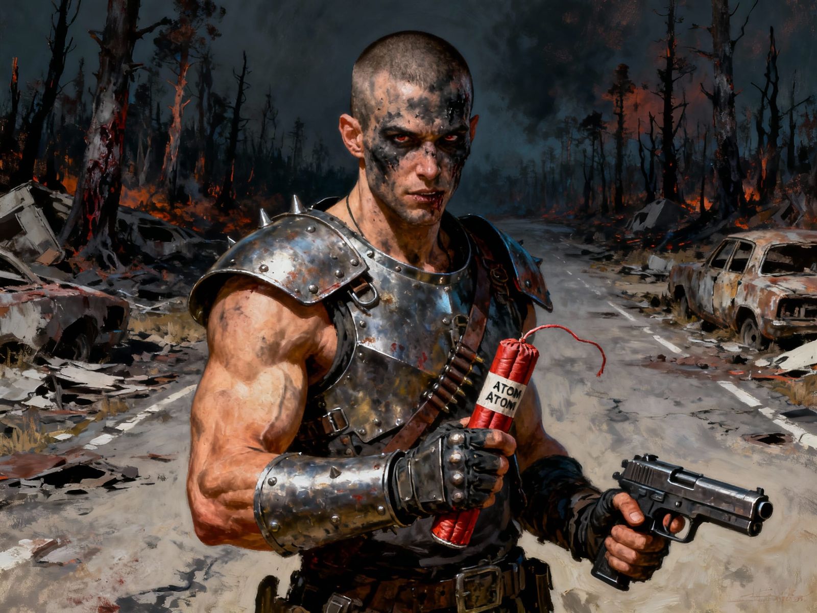Muscular Post-Apocalyptic Looter with TNT and Pistol