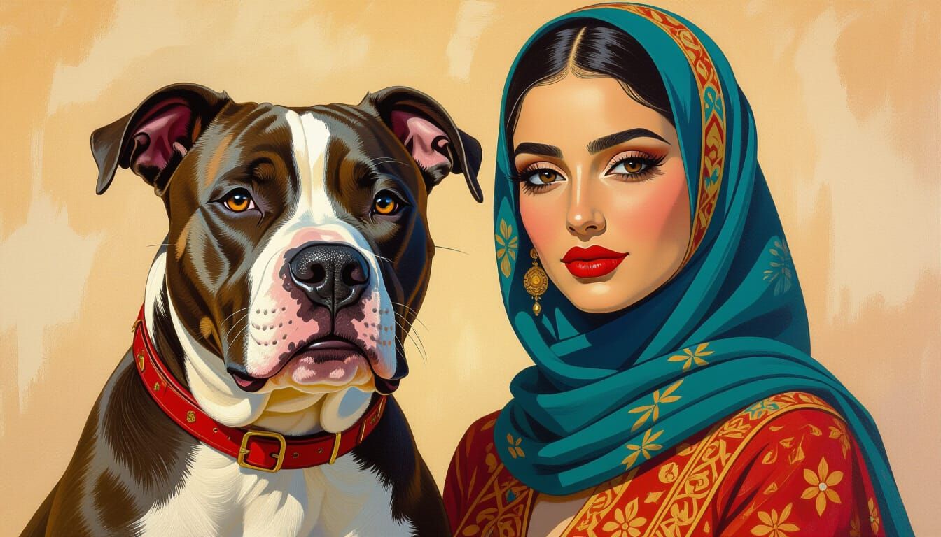 Pitbull and Syrian Woman in Classical Portrait Style