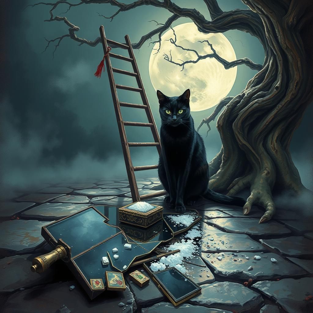 Gothic Surrealism: Shattered Mirror Under Open Umbrella