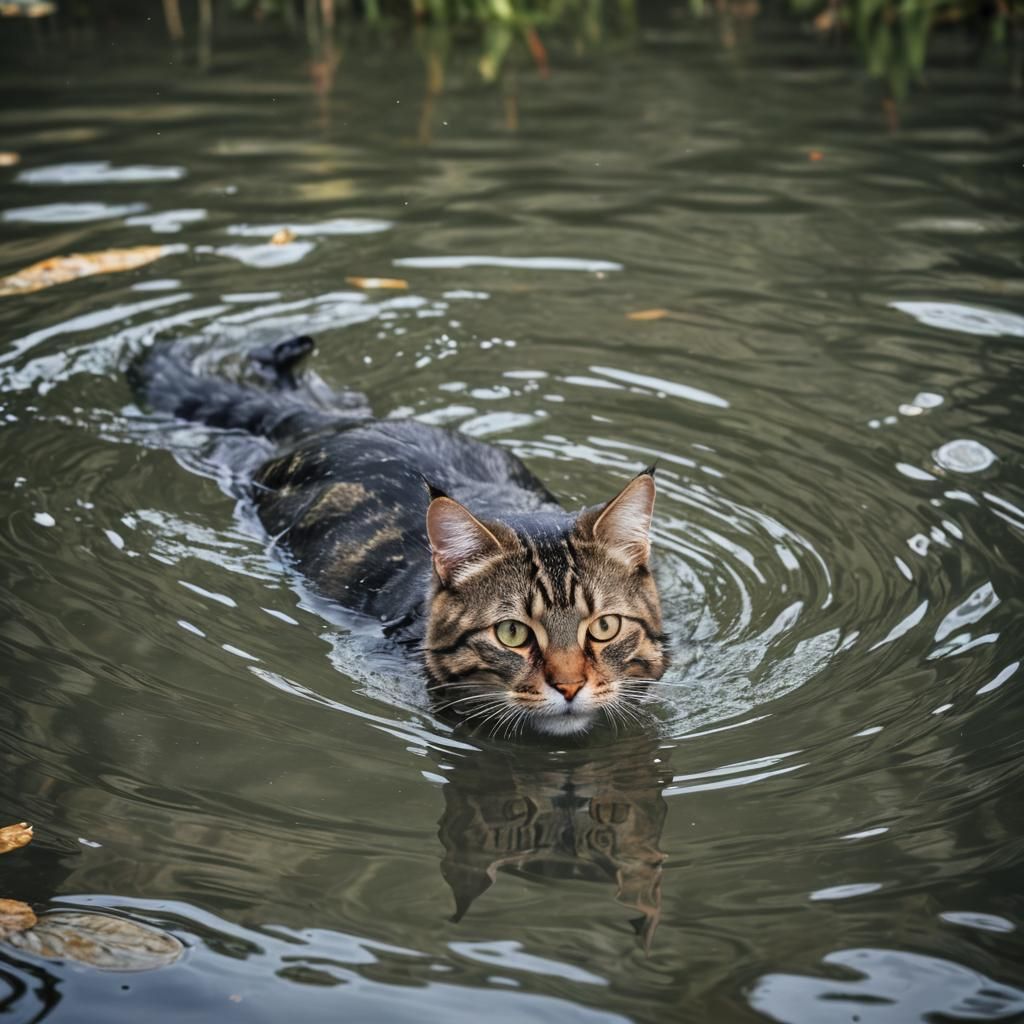 Hyperrealistic Cat Swimming in a Lake