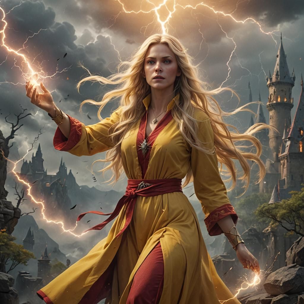 Human female wizard with long blonde hair, wearing yellow robes with red trim. Casting a lightning spell.