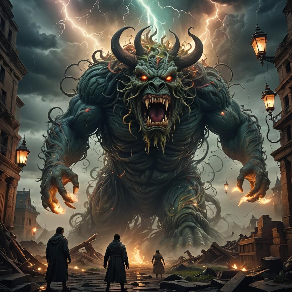 Monster in Labyrinth with Tornado: Hyperrealistic Concept Ar...