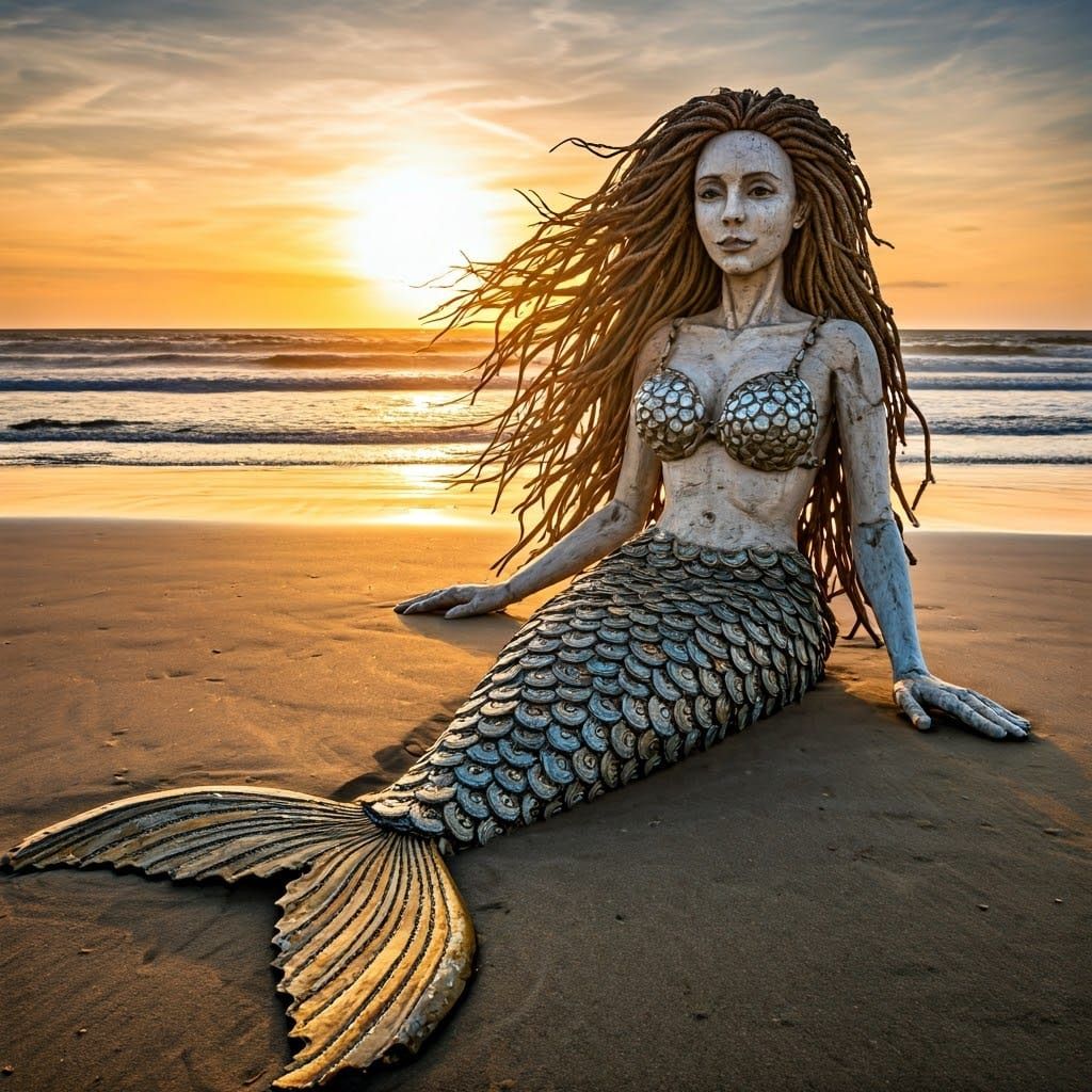 Intricate Driftwood Mermaid Sculpture by the Beach