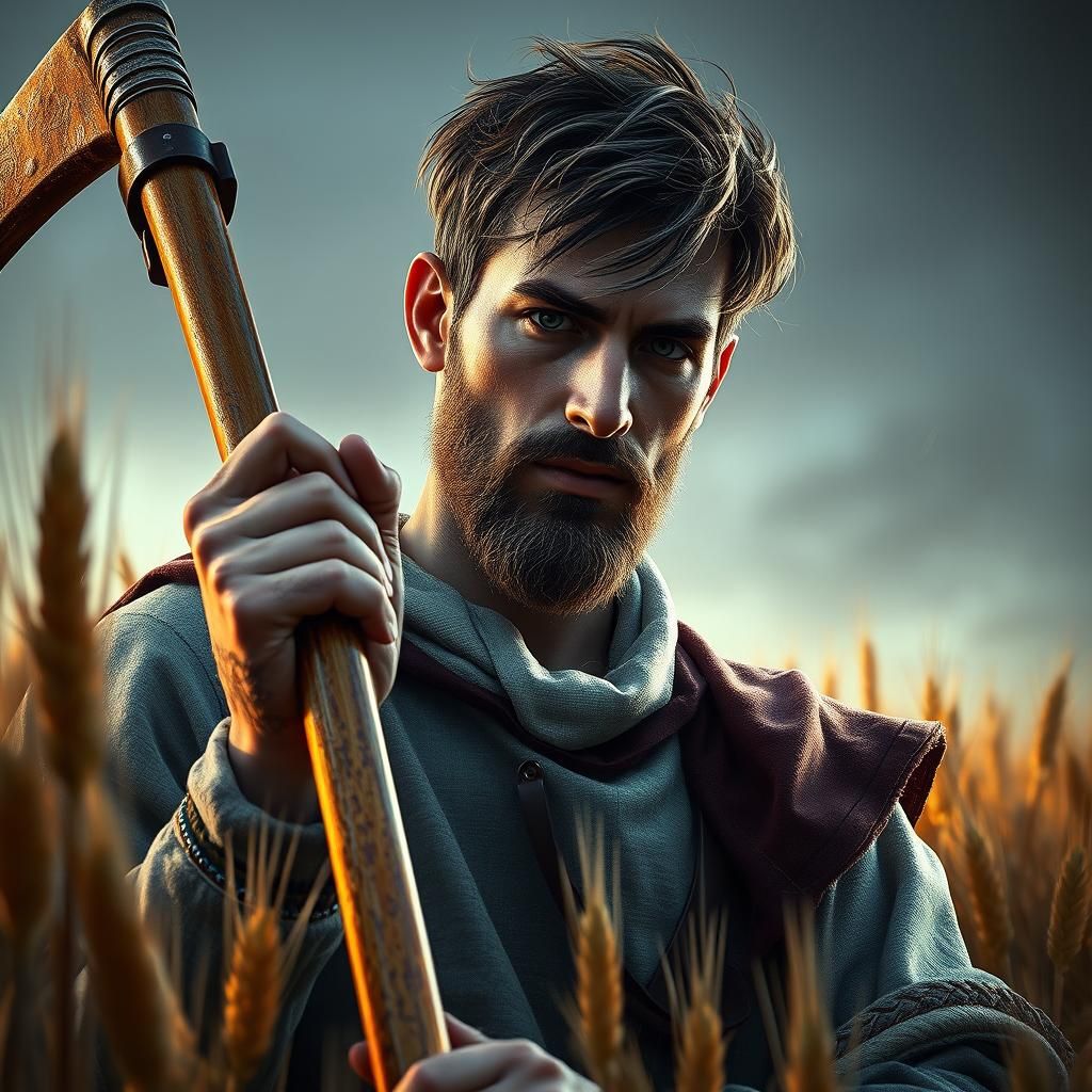 Medieval Farmer with Scythe: Detailed Portrait