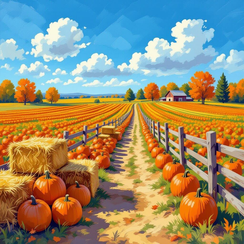 Vibrant Autumn Pumpkin Farm in Painterly Style