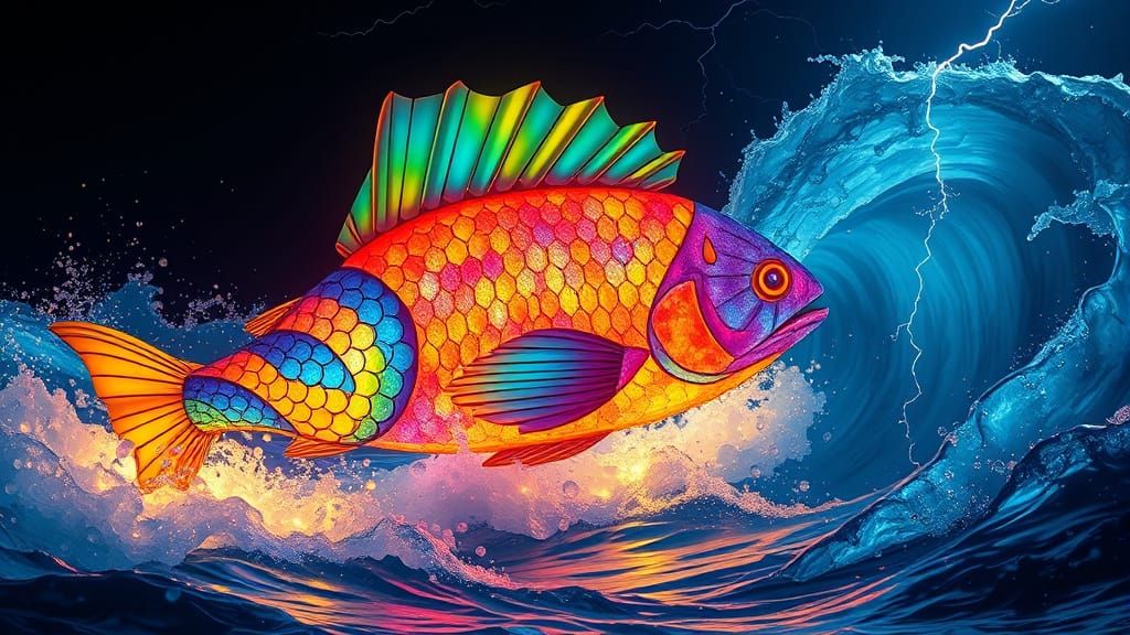 Origami Mahimahi Glows in Sapphire Sea Under Lightning Storm