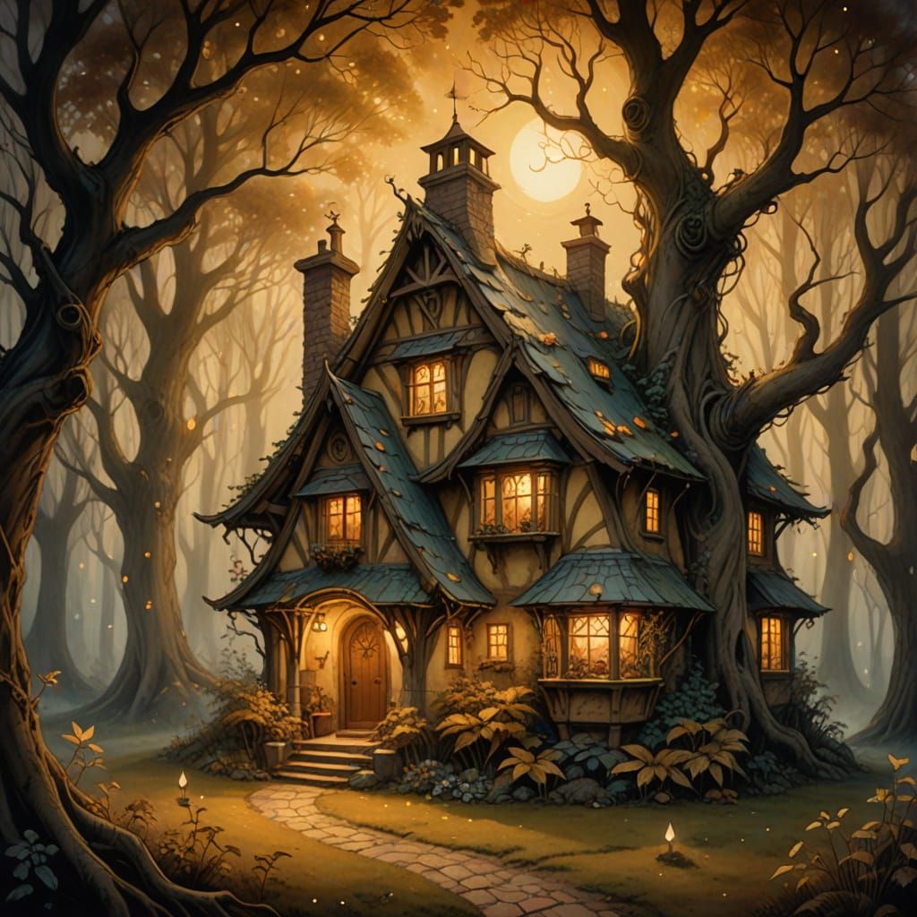 Enchanted Forest Cottage in Whimsical Fantasy Art Style