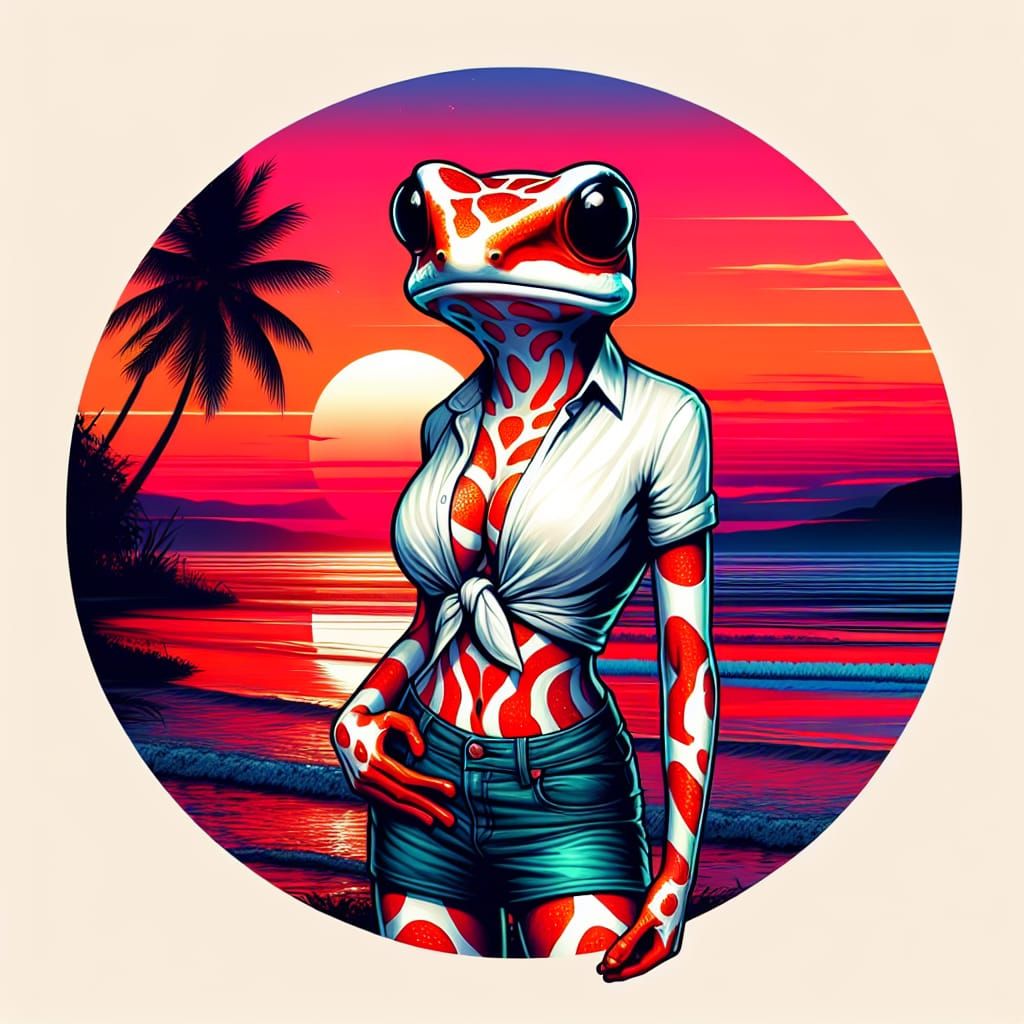 Anthropomorphic Red and White Poison Dart Frog Sunrise