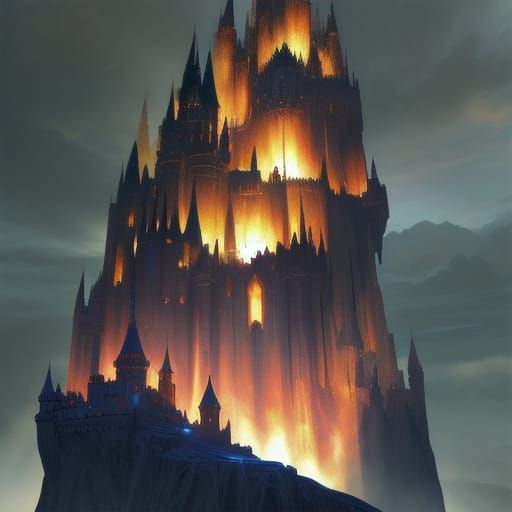 Epic Fantasy Castle on Hill with Glowing Windows