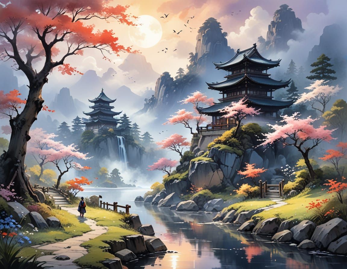 Fairytale Landscape in Ukiyo-e Watercolor Style