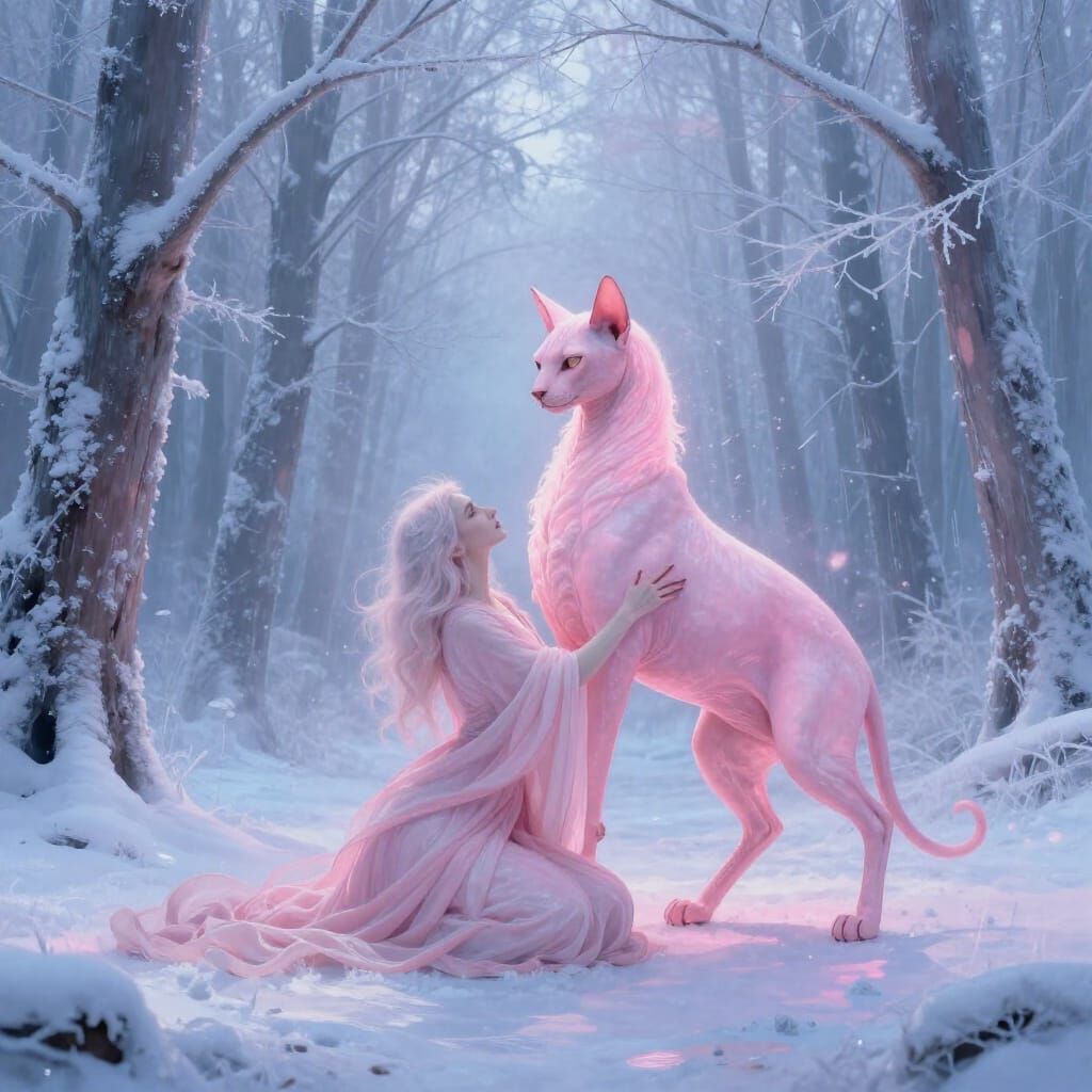 Woman and Pink Sphinx in Frosty Forest Cathedral