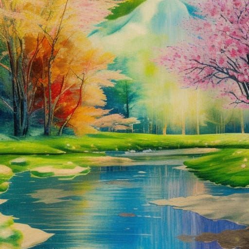 Landscape blending spring and autumn. Capture the essence of both seasons, highlighting the unique beauty of each while ...