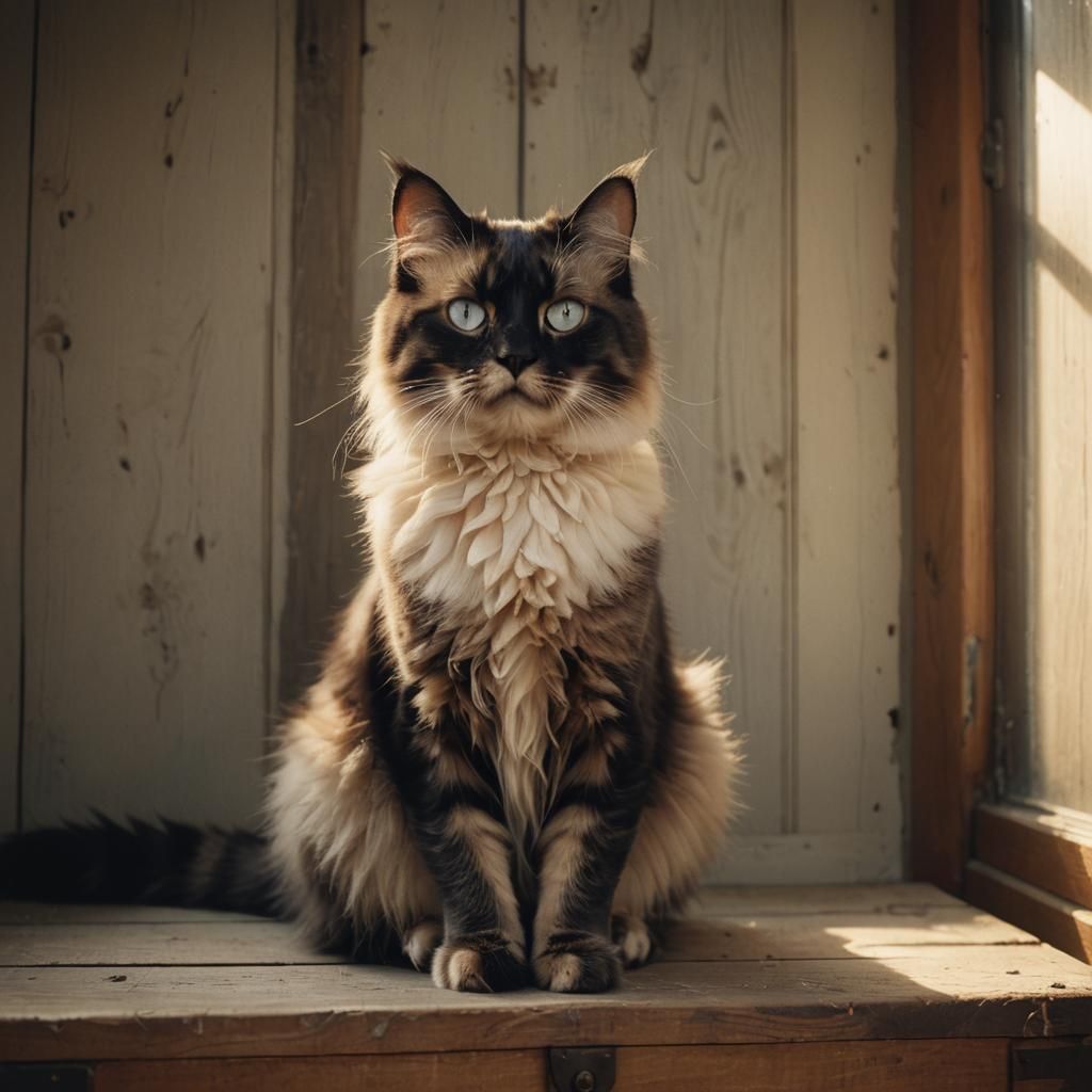 Fluffy Ragdoll Cat in Earthy Tones: Cinematic Film Still