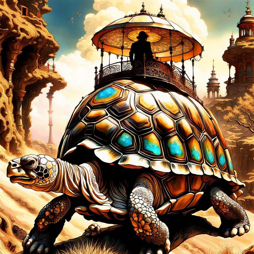 Nymph Rides Clockwork Tortoise: Art Nouveau Fantasy