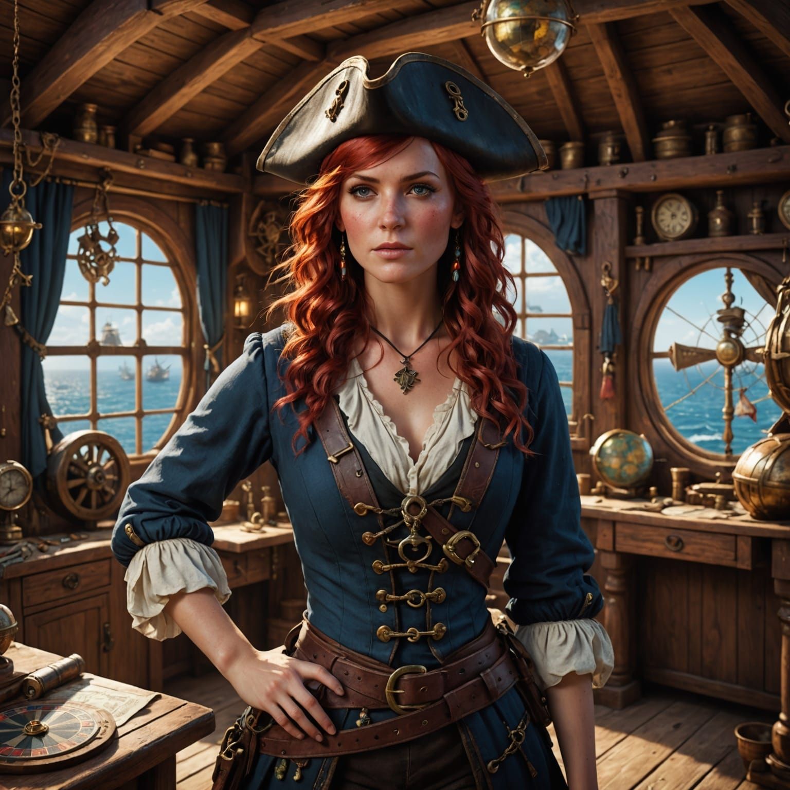 Pirate Girl Inside Cabin with Treasure Map