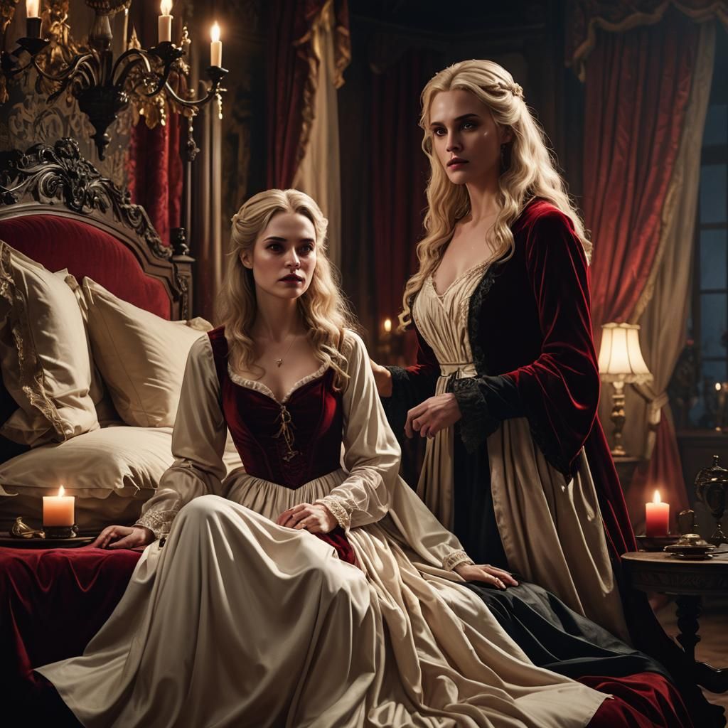 Vampire Woman Approaches Young Woman: Dark Fantasy Art