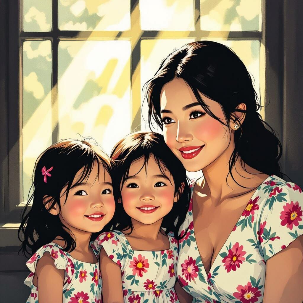 Vietnamese Mother and Twin Daughters in Sunlight