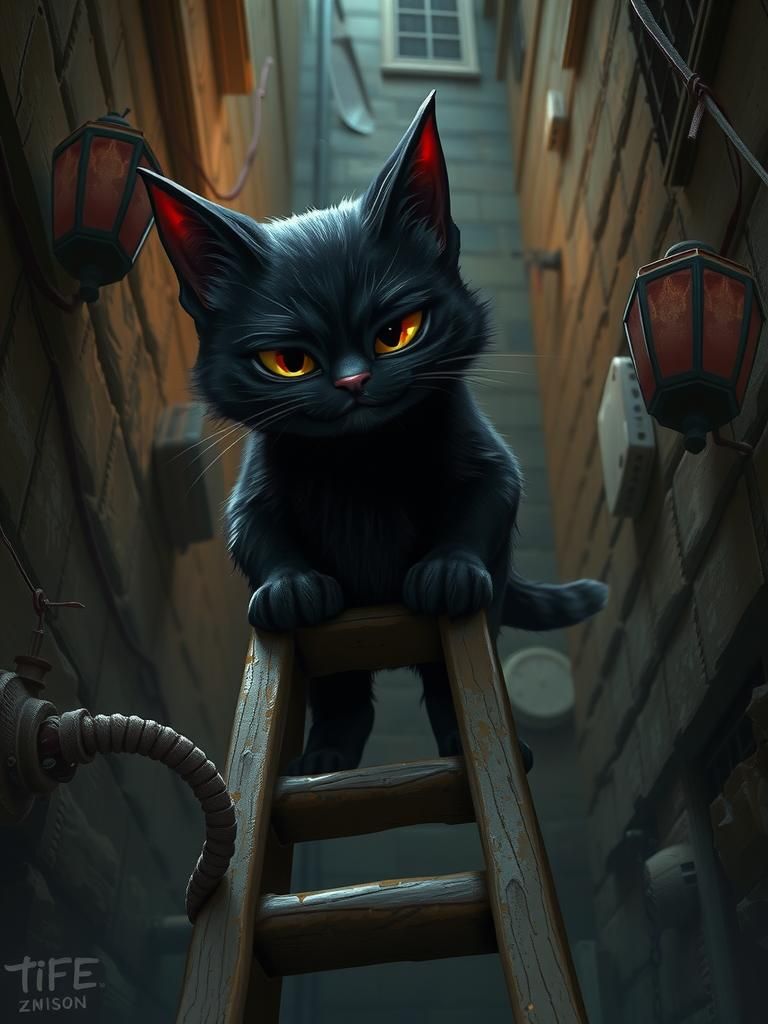 Mischievous Black Cat Pushes Ladder in Alleyway